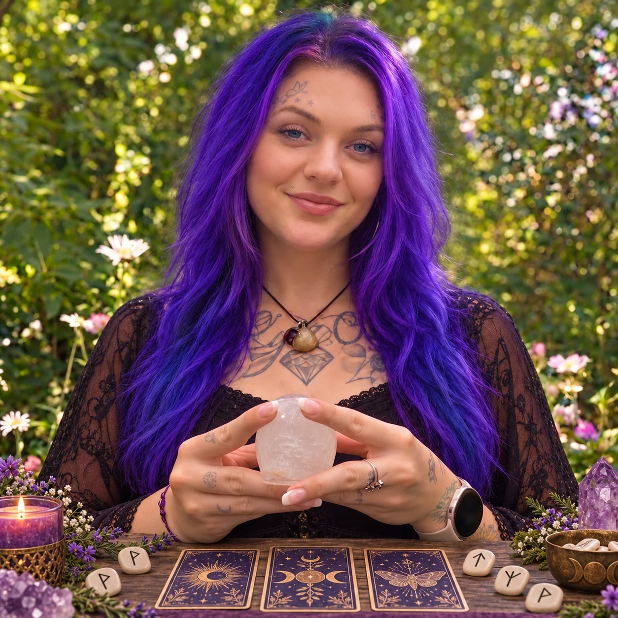 Lady Mariposa, founder and spiritual practitioner behind The Painted Lady Tarot, holding a crystal with tarot cards, runes and crystals displayed before her.